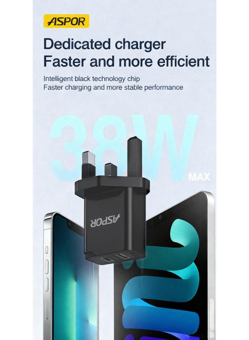 أسبور شاحن سريع Aspor A826 بقوة 38 واط - محول طاقة ثنائي المنافذ يدعم الشحن السريع PD و QC 3.0 - Image 2